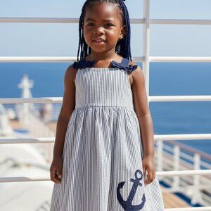 Tahari Girls Seersucker Anchor Nautical Dress Blue White Size 6